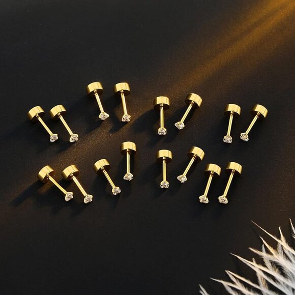 8 Pairs Gold Plated 14K Tiny Flat Back Earrings - Hypoallergenic Studs 2-4mm - Picture 4 of 7